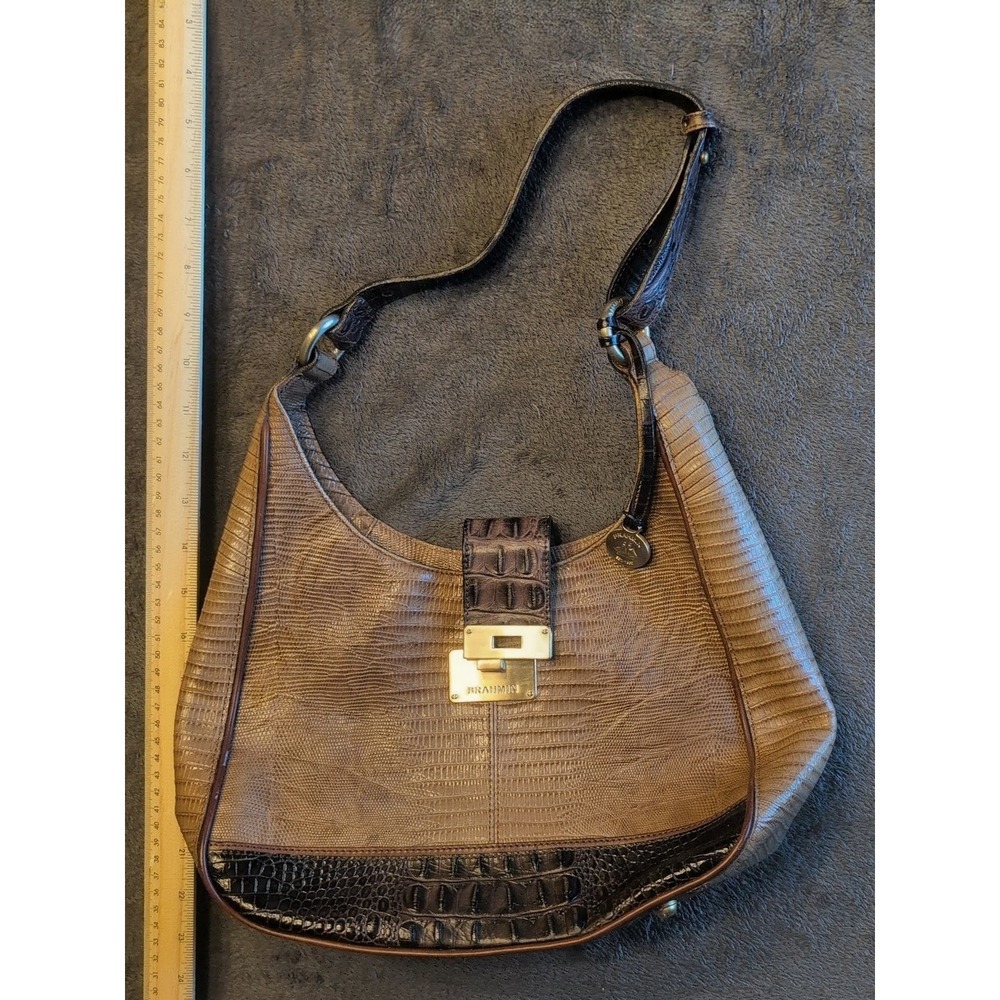 Brahmin Tan Lizard & Brown Croc Embossed Leather Shoulder Bag Hobo Gold Hardware